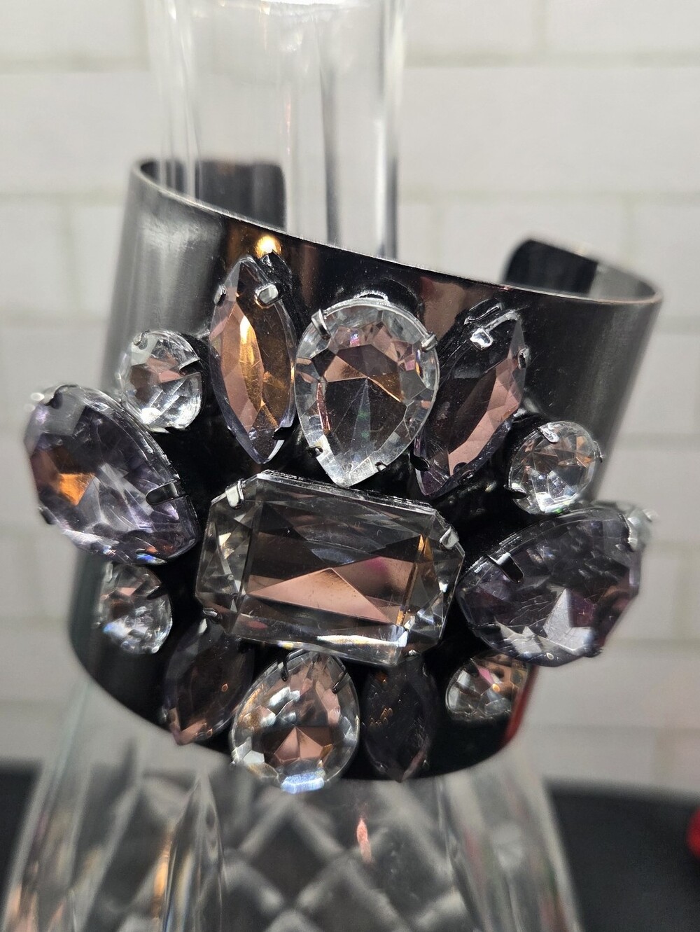 1364. Vintage Crystal Accent Gun Metal Cuff Bangle Bracelet